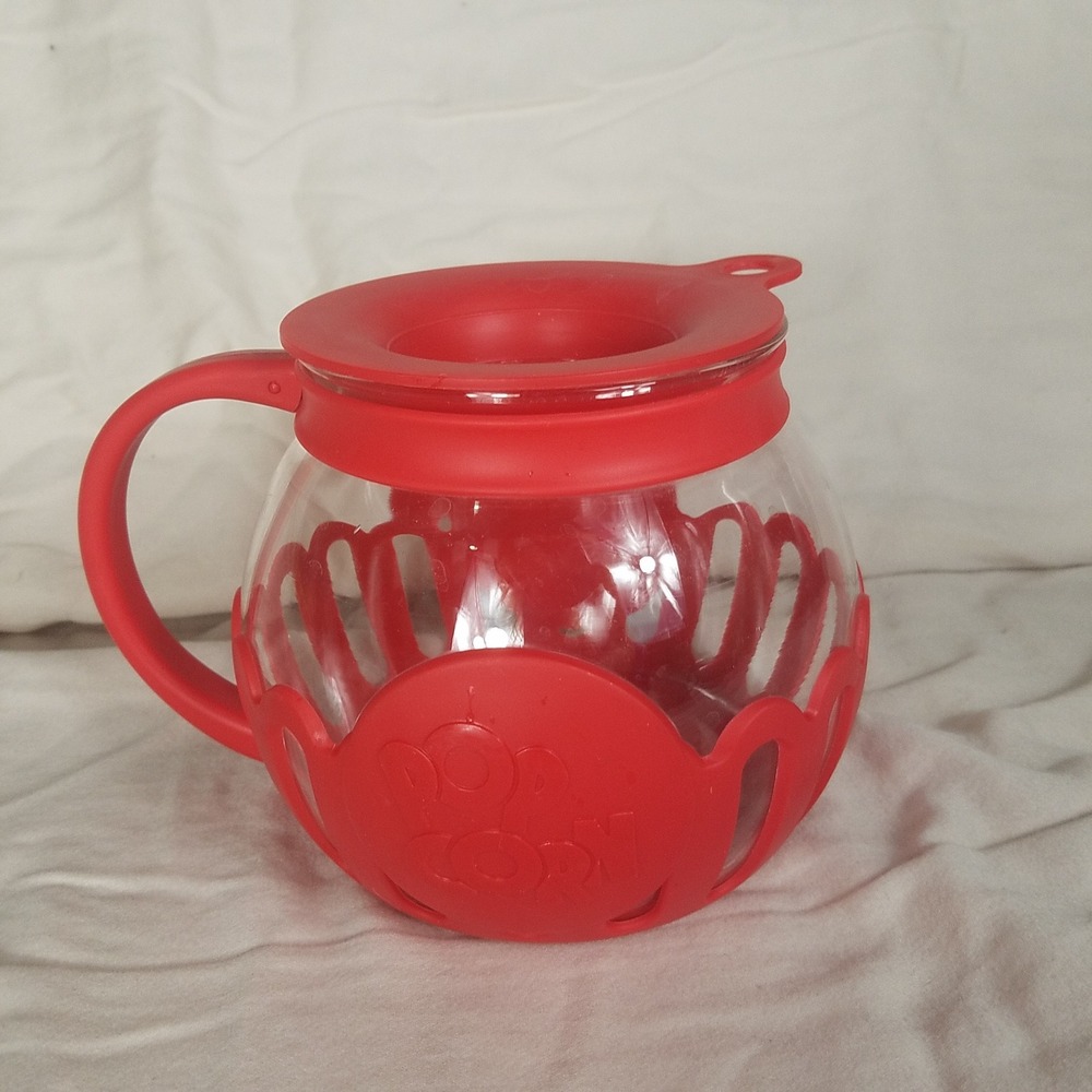 Micro-Pop Microwave Popcorn Popper 1.5 Quart Red Excellent Glass Silicone Lid
